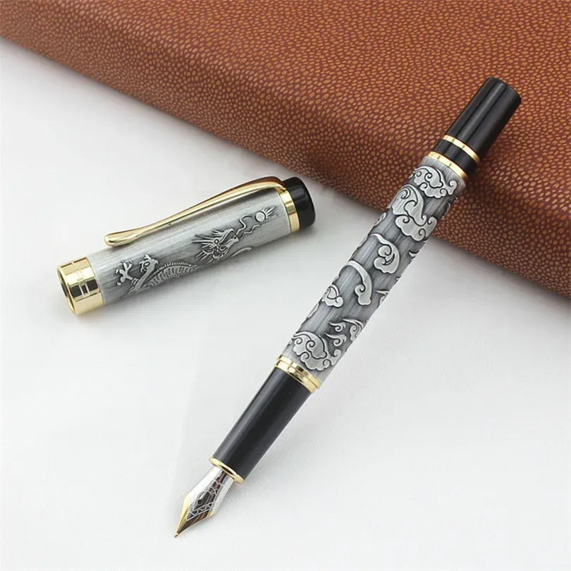 Pens Jinhao 5000 Vintage Lussuosa Penna Funga in metallo Bella Stetura Drago intaglio, Penna a inchiostro a colori grigio per affari da ufficio