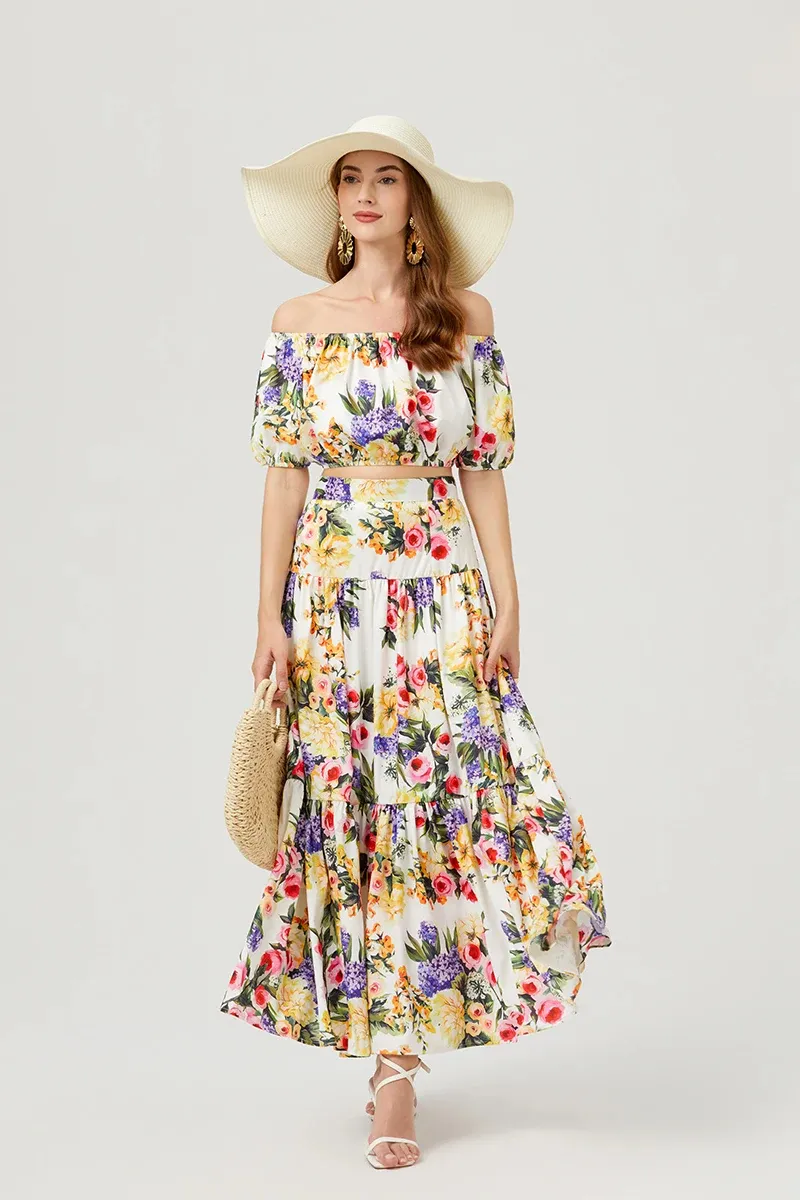 2024 Summer Holiday Flower Two Piece Set Women's Sexy Off Shoulder Short Crop Tops Floral Print Long Skirt Suit Outfits