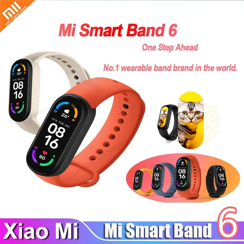 Opaski na rękę Oryginalne Xiaomi Mi Band 6 Bluetooth Smart Bransoletę Tętno -tętno Tlen Fitness Tracker 1,56 cala AMOLED Ekran kolorowy