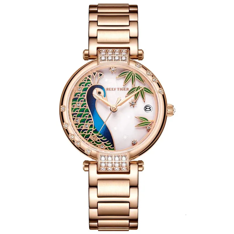 Reef Tiger RT Luxo Rose Gold Watch Dial White Steel Women Women Automatic Mechanical Watches RGA1587 240419