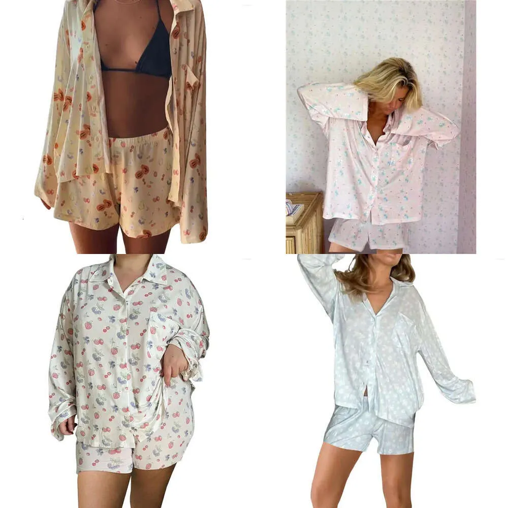 S Lenceria Sleepwear Y K Piece Pama Set For Women Cute Floral Fruit Print Långärmad knappskjorta SIDA SPARTSLATS Outfits Leepwear Et Leeve Hirt Ide Plit Horts