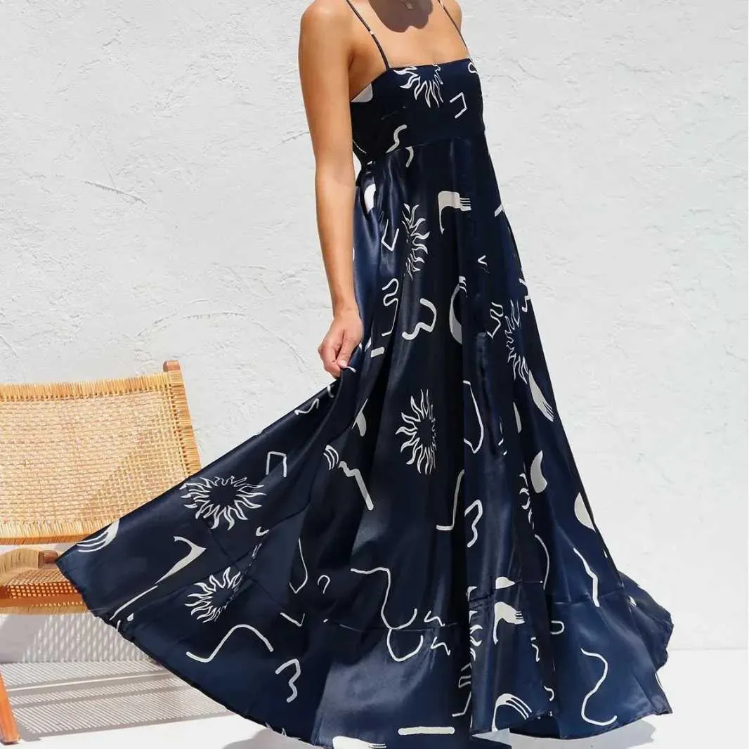 Городские сексуальные платья Женские новые элегантные свежие цветочные припечатки спагетти ремешок Maxi Holiday Dress Y240420