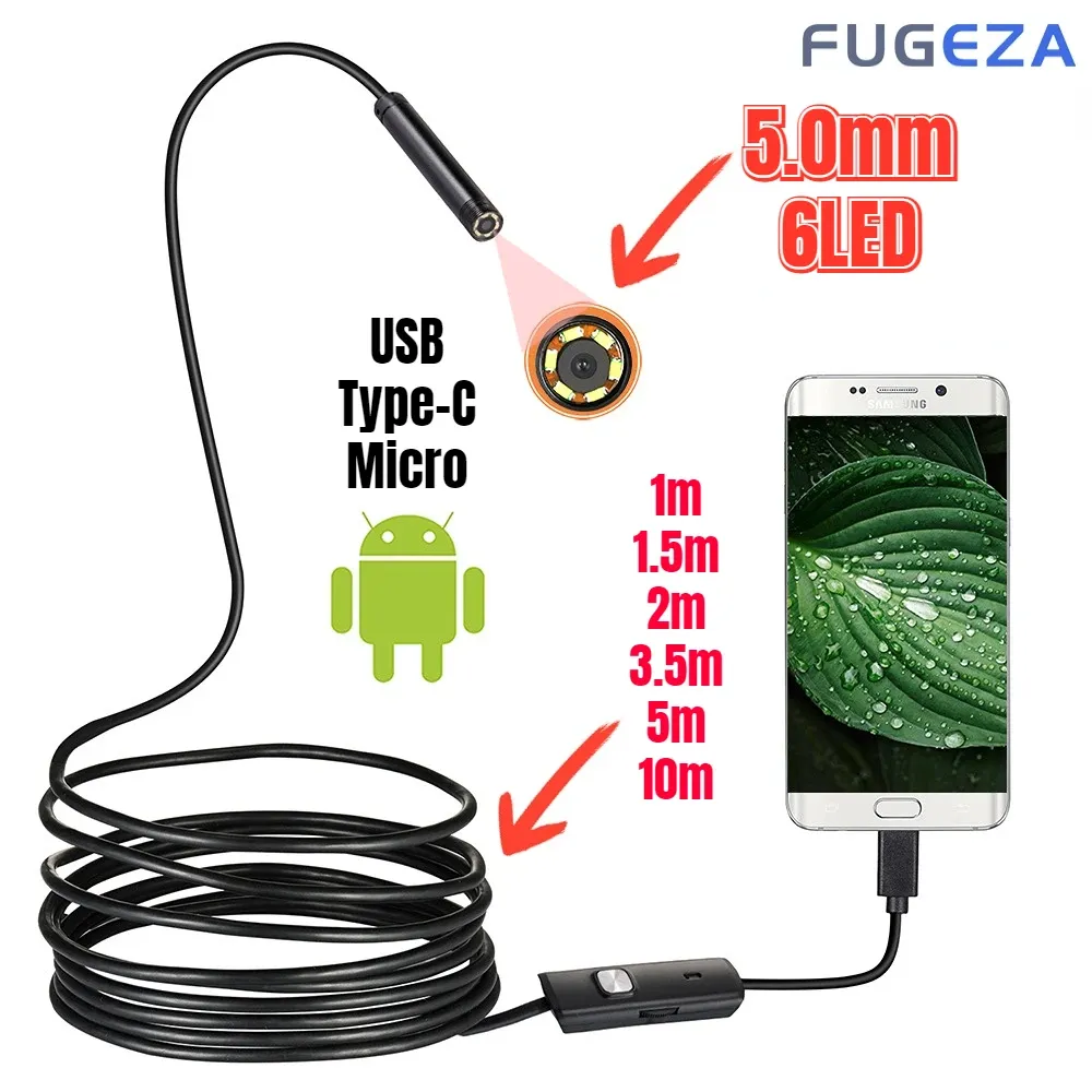 Камеры Fugeza Mini Endoscope Camera Водонепроницаемый эндоскоп -регулируемый мягкий провод 6 светодиодов 5,5 мм Android Typec Inspection Camea для автомобиля