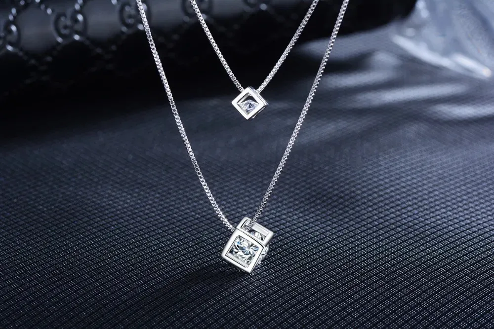 925 Silver Charm Necklace: Double Layer Crystal Square Pendant For