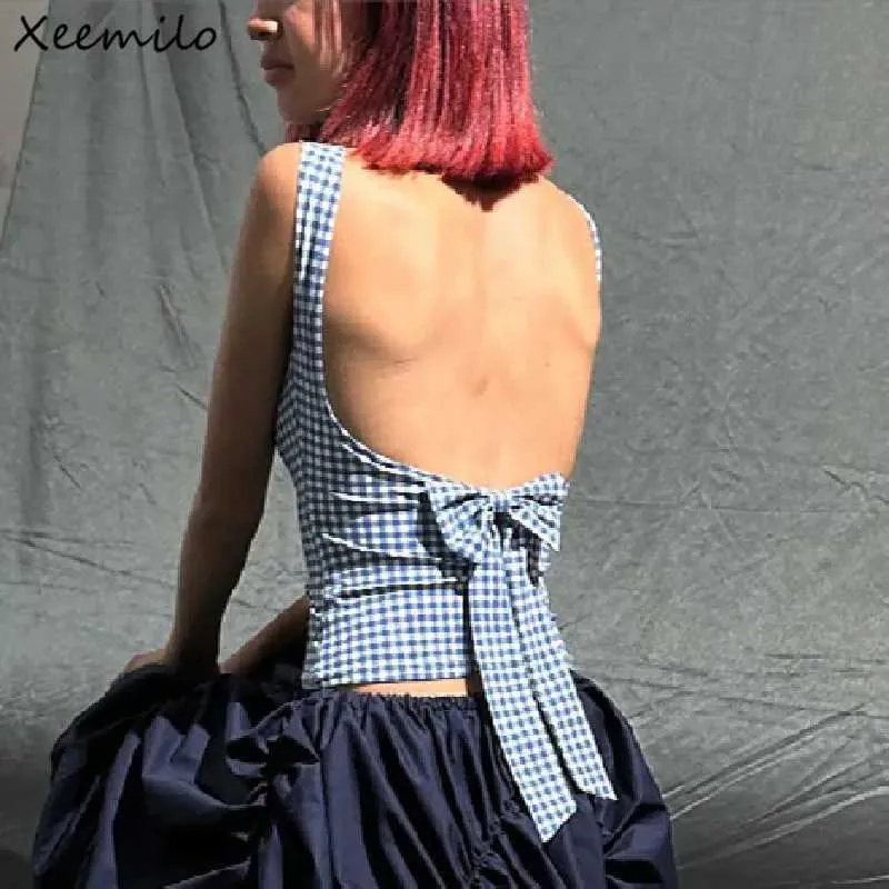 Tanks féminins Camis Xmilo Corée Fashion Arc Backless Backless Top 2023 COSTWEAR COSTWEAR PLaid imprime