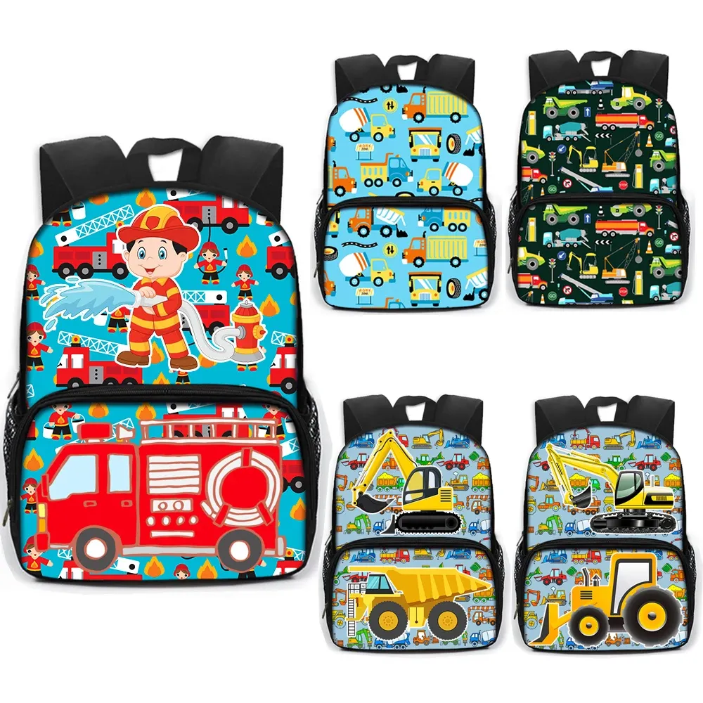 Tassen Cartoon Firetruck Car Excavator Tractor Backpack voor jongensmeisje Rucksack Children School Bags Kinderluchtgraven Backpack Book Bag