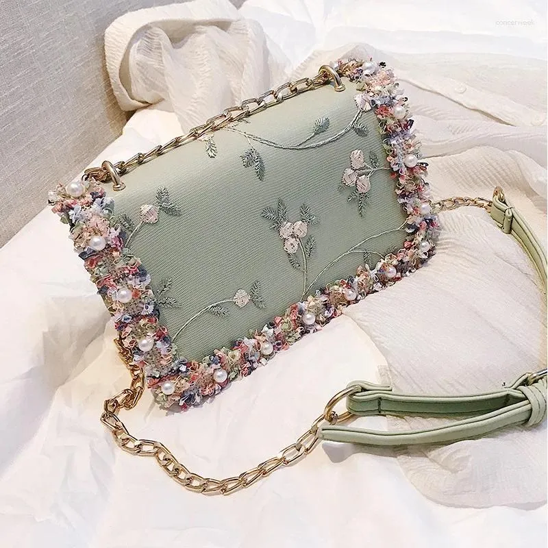 Umhängetaschen PU Leder -Geldbörsen und Handtaschen für Frauen 2024 Designerin Luxus Mädchen weibliche Käufer Mode Perlenspitzen Blumen Crossbody