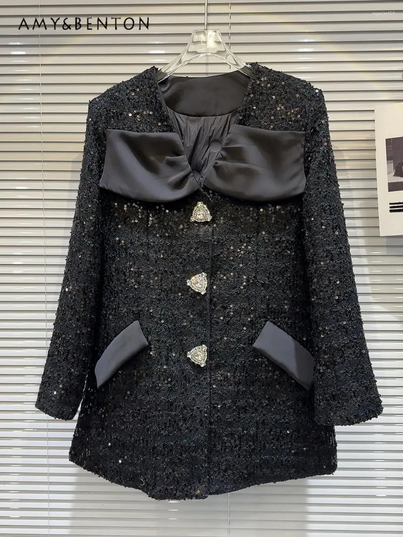 Damesjacks Winter Hoogwaardige elegante sierlijke Sierlijke strass Boog Tweed Coat Vrouwen