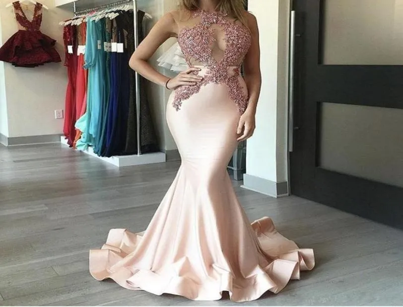 Sexy See See Then Remaid Prom Dress Jewel Lace Applique Pink Satin Evening Dress 2018 Customm Made Long Party Howns5397489