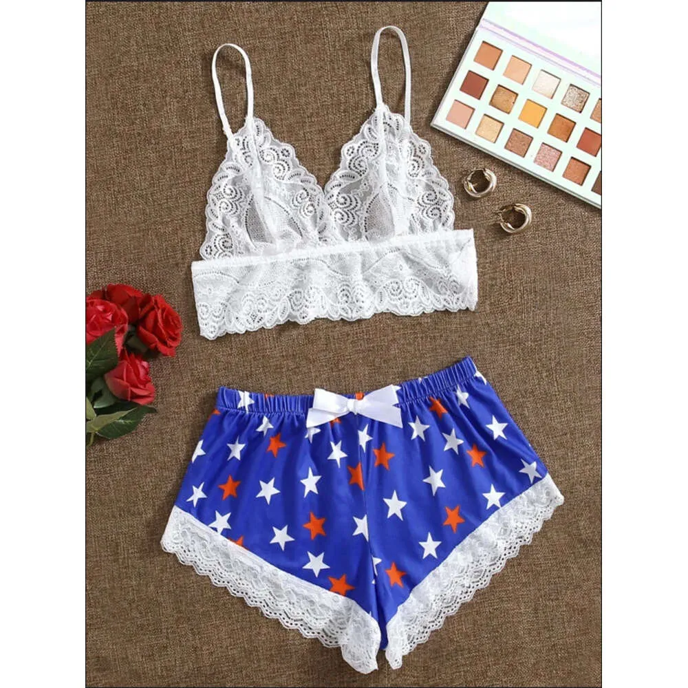 Fun Lingerie, Sexy Women's Blue and White Star Patterned Short Pajama Set