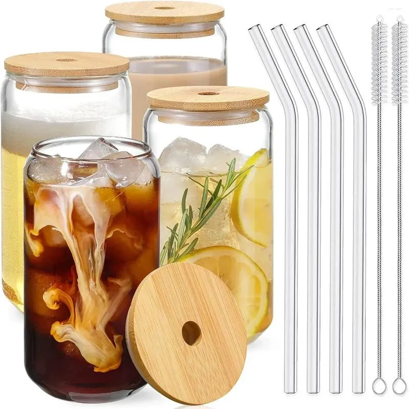 Bambu kapak ve cam saman 4pcs ile içen şarap bardakları set-16 oz buzlu kahve sevimli bardak fincan kokteyl viski hediyesi için ideal