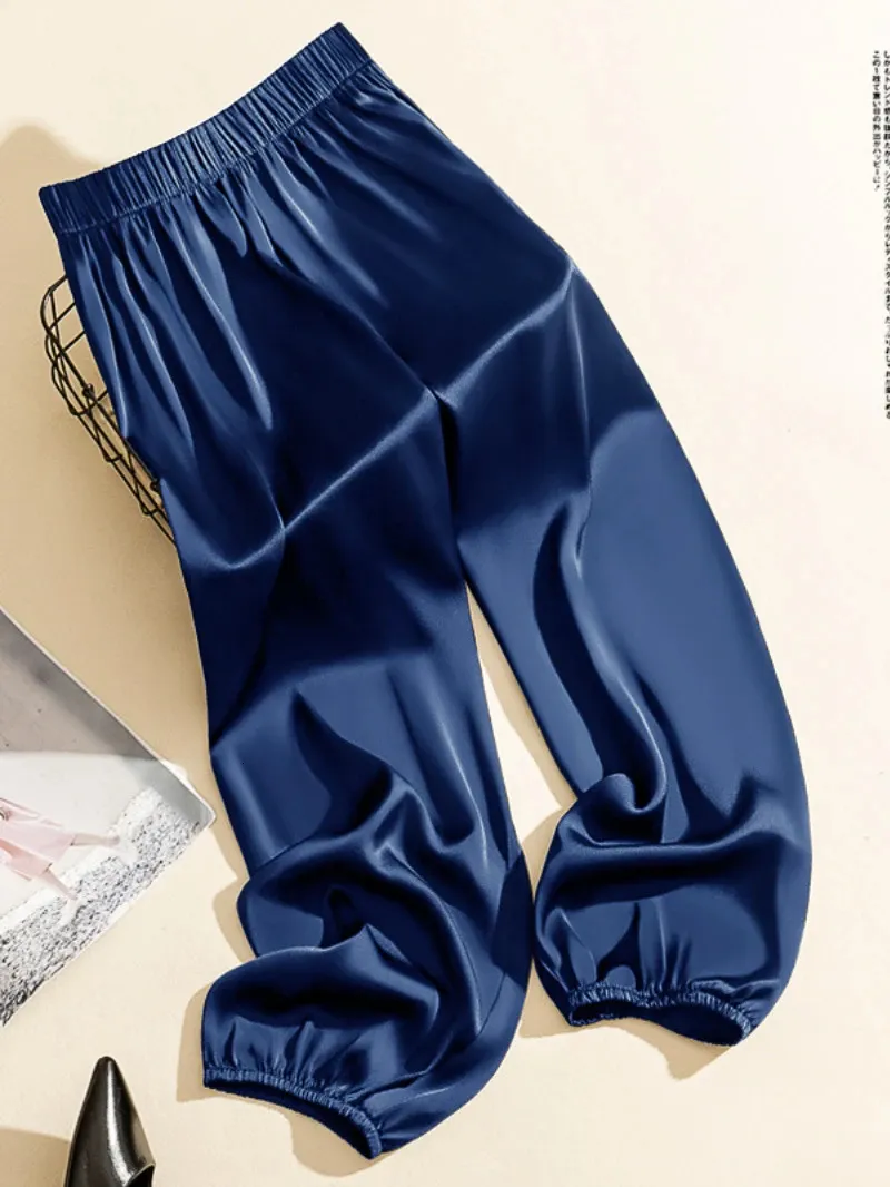 Pantalones de piernas ancho de acetato de seda de hielo de cintura alta para mujeres Summer sueltos de satén sueltos Knickerbockers Longitud de tobillo 240410