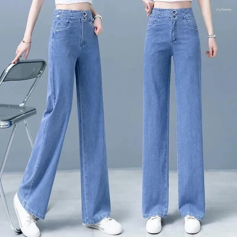 Jeans de mujeres Fina imitación delgada Denim de seda para mujeres con un delgada cintura cruzada Tubo recto Pantalones de ajuste suelto de ancho