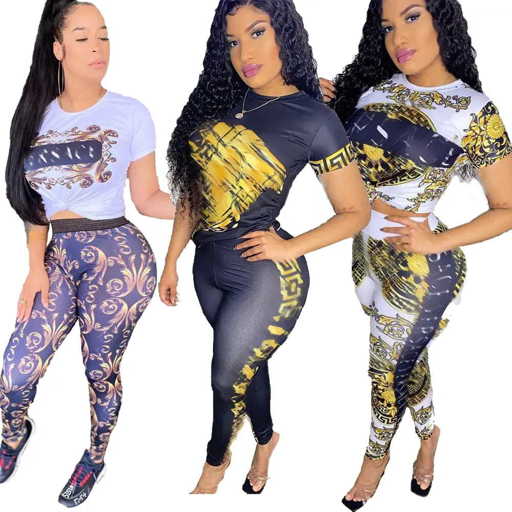 Frauen Sommerkleidung Frauen zweiteilige gedruckte Hosen Freizeit Designer Crew Crew Neck T-Shirt und Leggings Set Free Ship