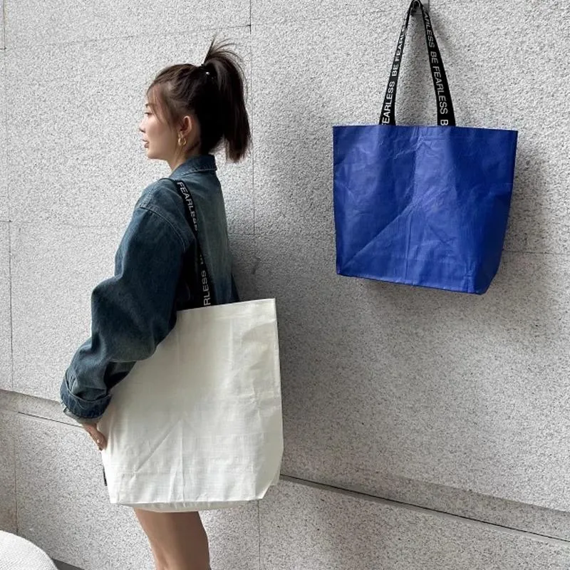 Boodschappentassen wit blauw kleur geweven tas schouder herbruikbare waterdichte bakken draagbare handtas supermarkt voor reisboodschappen