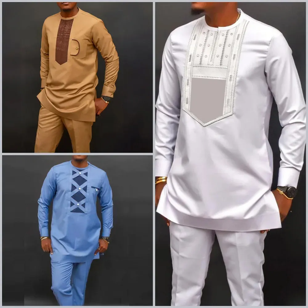 2Pc Luxury African Traditional Mens Clothing Elegant Full Suits Male Pant Sets To Dress Native Outfit Ethnic Dashiki Kaftan 240409