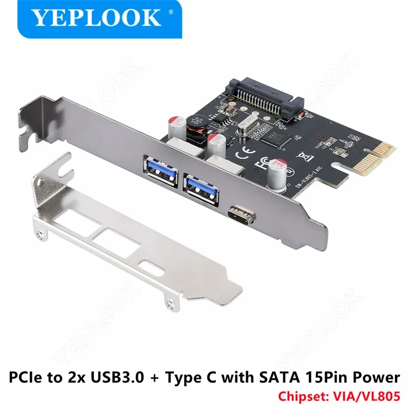 Kort PCIe till 2x USB3.0 och typ C med SATA 15Pin Expansion Card USB 3.0 Typ A+USB 3.1 Riser Card USB3.0 Hub Adapter VL806 CHIPSET