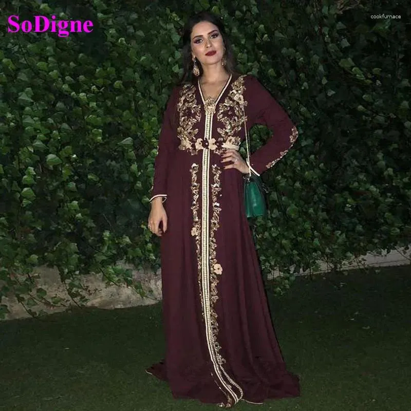 Sukienki imprezowe sodigne marokański kaftan wieczór v szyja długie rękawy koronkowe aplikacje balowe suknia arabska muzułmańska sukienka specjalna