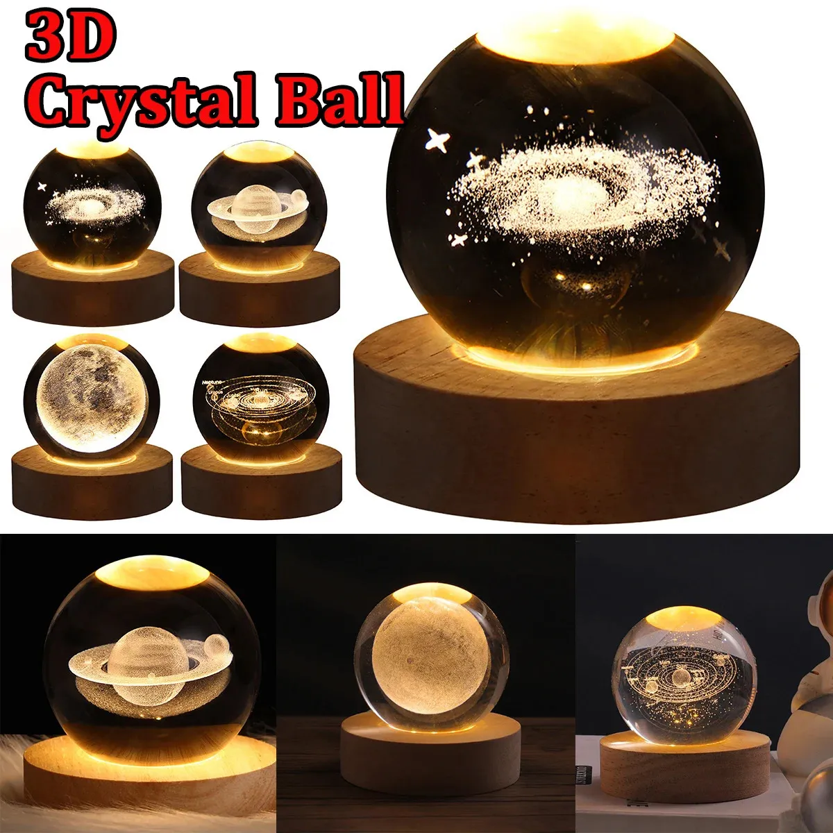 USB LED Nocna światła Galaxy Crystal Ball Lampa 3D Planet Moon Lampa Dekoracja domu 240408