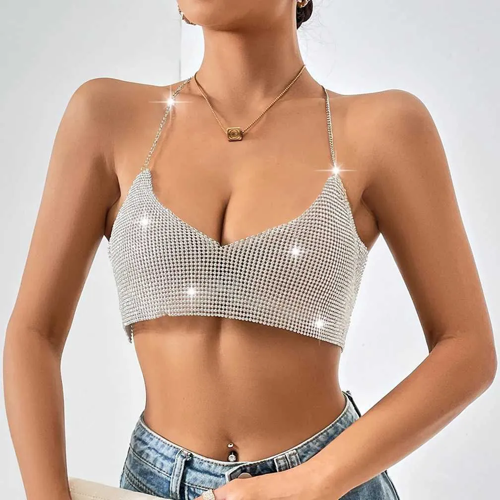 Kvinnors tankar Camis Vemina mode Slveless Bara axel Glitter Metal Women Crop Topbackless Chain Halter Vest Sexig Nightclub Wear Camisole Y240420