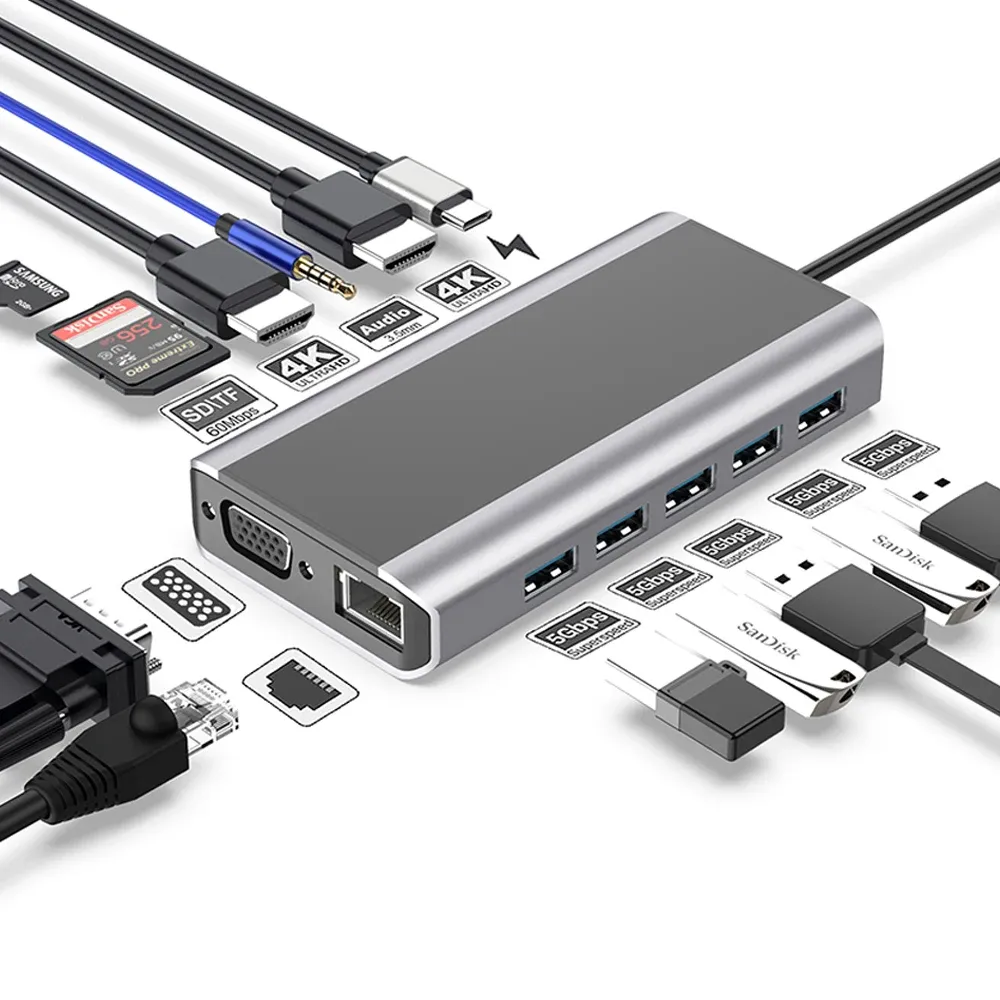 Stationer 14 i 1 USB C Hub 4K HD Trådlös laddare Multiportadapter med PD Typec Docking Station VGA RJ45 TF SD -kortläsare för MacBook