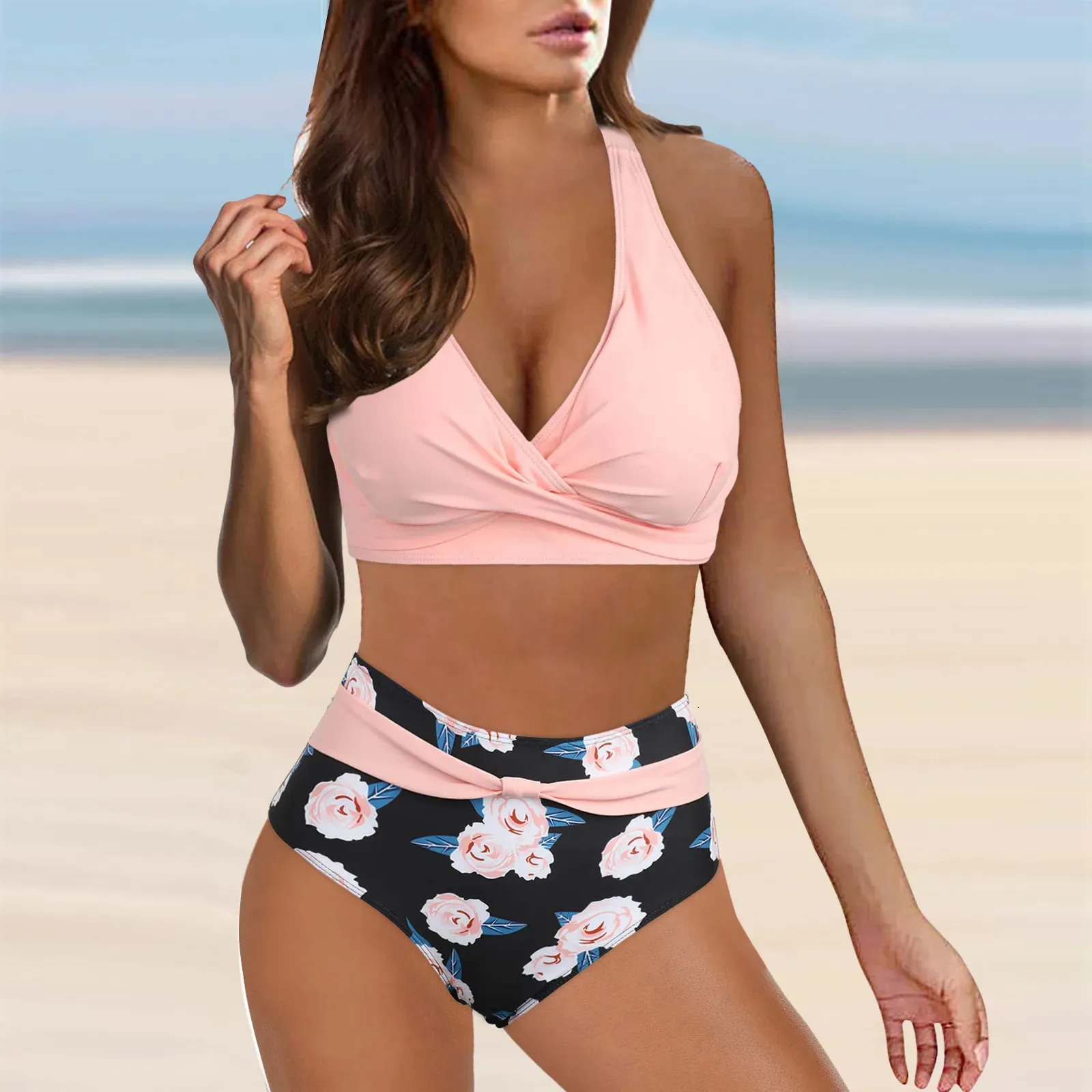 Floral Print Bikini Set sexy hohe Taille -Push -up -zweiteiligen Badeanzüge Vintage Badeanzug Retro Urlaub Beach Party Hawaii 240409