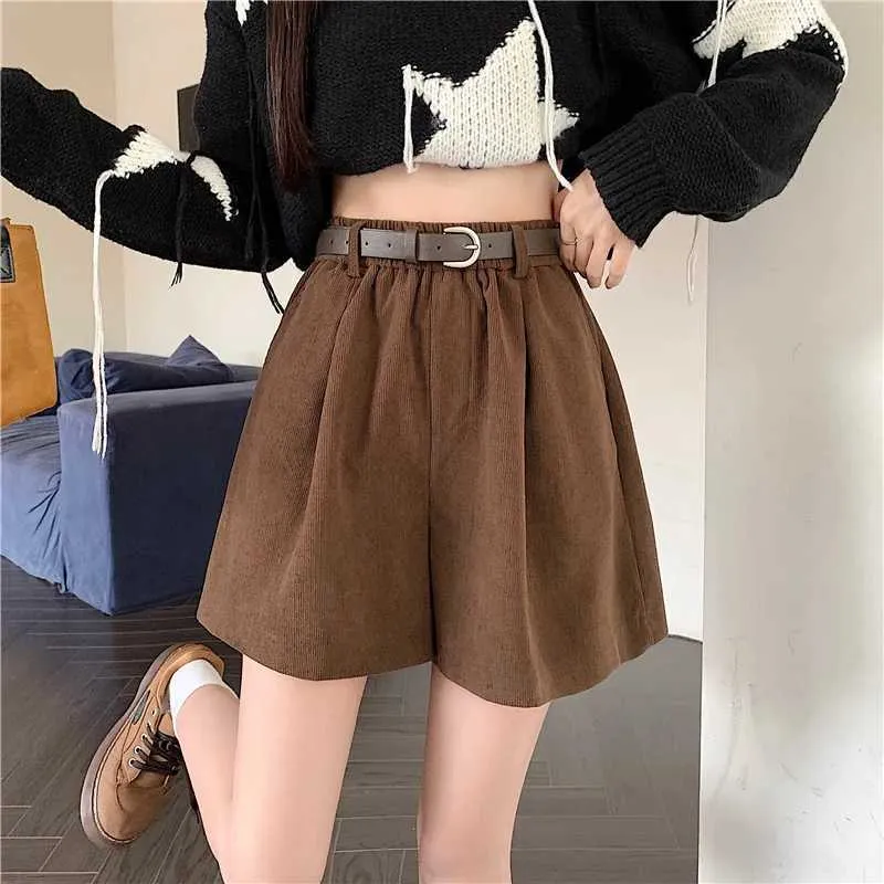 Women's Shorts New Autumnn Winter Corduroy Shorts Womens Fashion High Waist Wide-leg Shorts Female Casual Loose Shorts Y240420