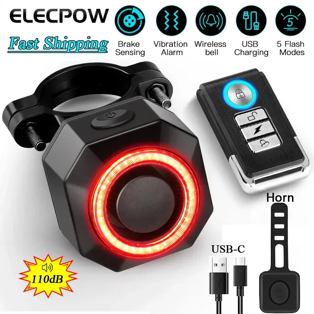 Control Elecpow Bicycle Burglar Alarm Taillight Waterproof Smart Auto Brake Sensing Tail Lamp Remote Control USB Charge Bike Rear Light