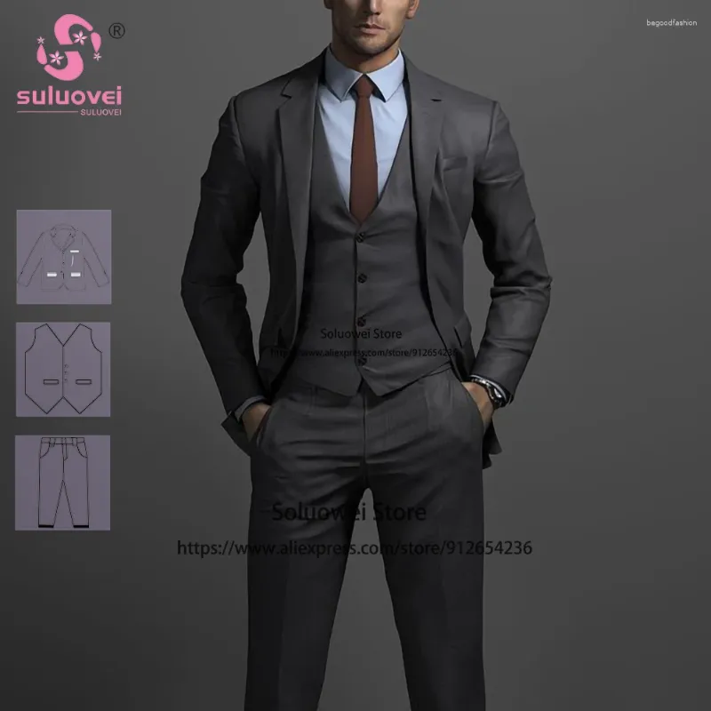 Men's Suits Classic Grey Slim Fit For Men Wedding 3 Piece Pants Set Formal Groomsmen Prom Dinner Tuxedo Male Business Blazer Masculino