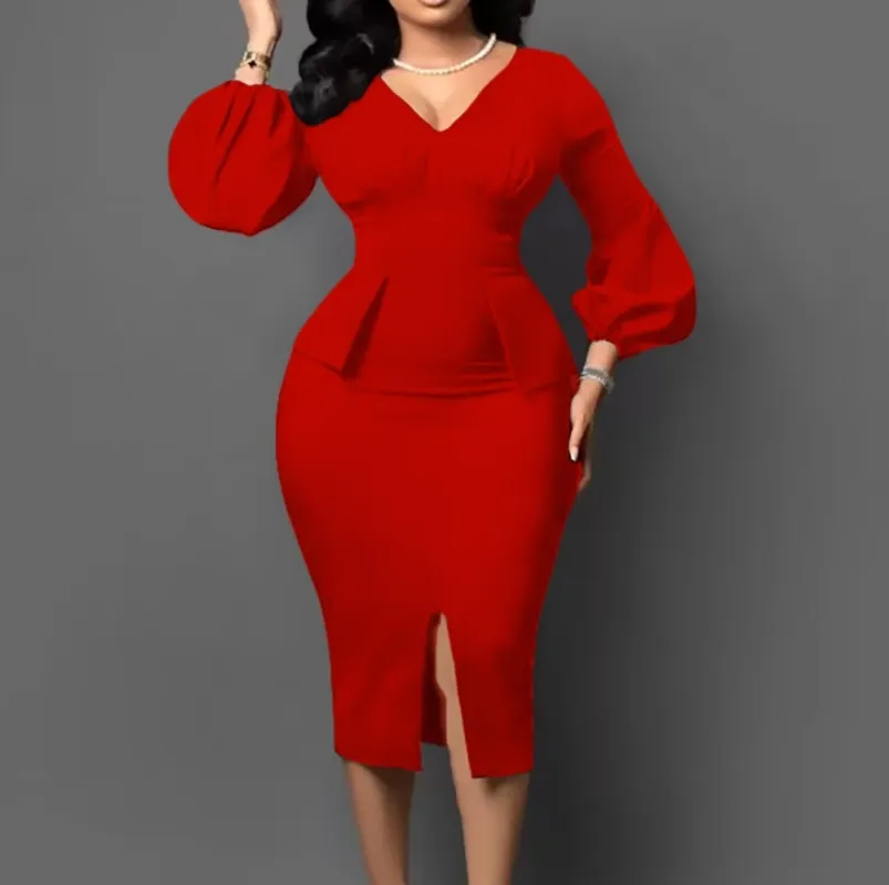 Casual Solid Color V-Neck Bubble Sleeve Slit Office Pencil