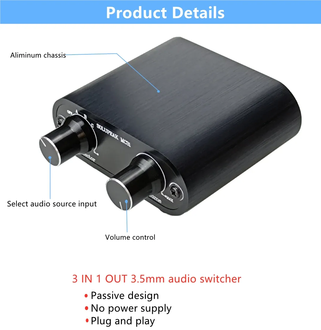 Amplifier 3.5mm Audio Switch with line Volume Controller 3 in 1 Out 1/8" aux switcher Splitter selector Box Inline attenuator Volume MC31