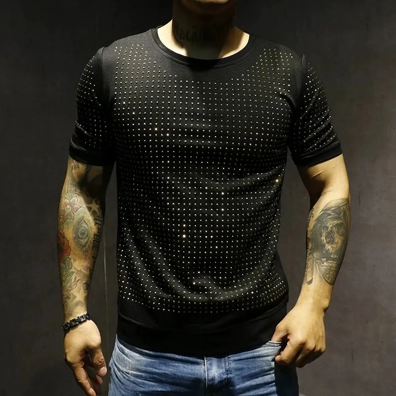 Summer High Quality Shiny Round Neck Pure Cotton Slim Heavy Industry Classic Full Diamond Short Sleeve T-Shirt Men 240420