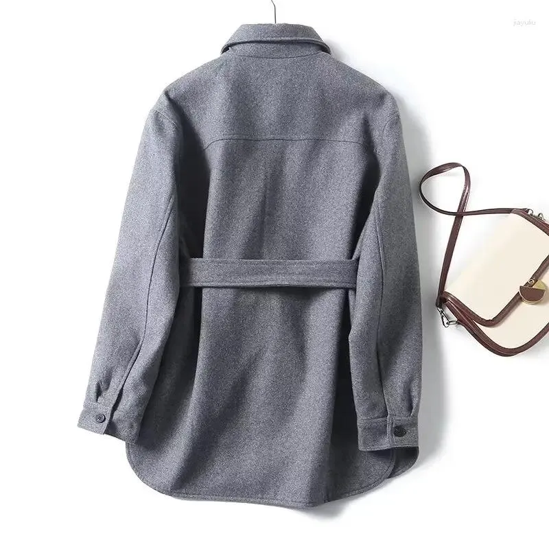 Women's Jackets Withered Fashion Simple Sashes Jacket Women With Belt Autumn And Winter Gray Color Wool Coat