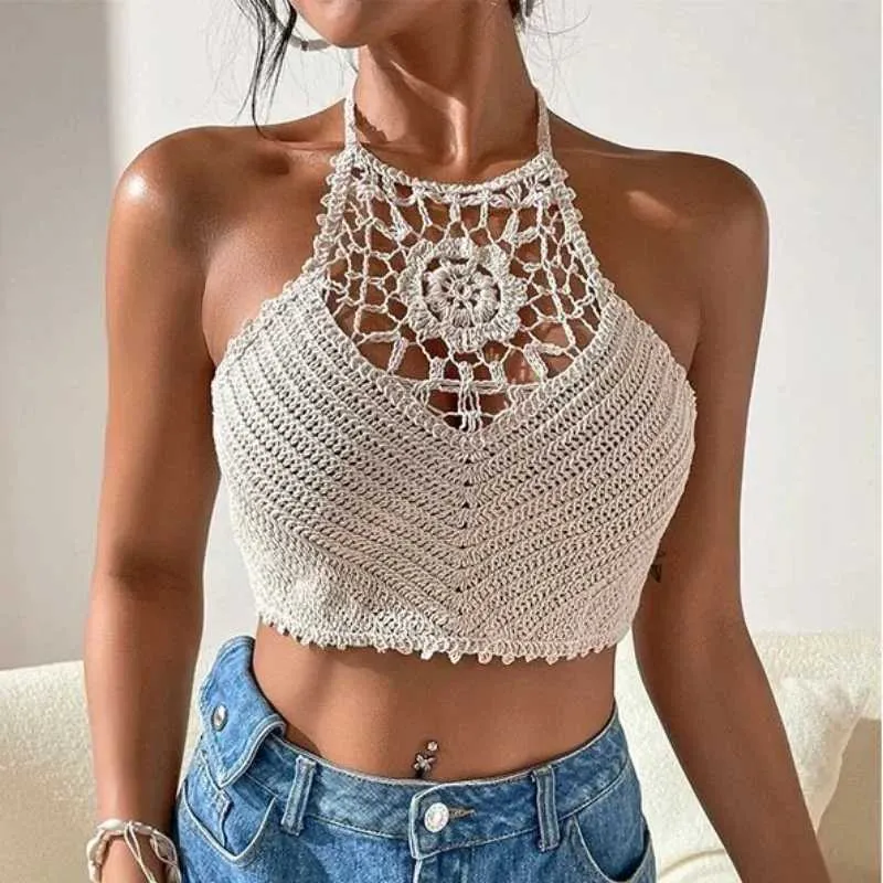 Women's Tanks Camis 2024 Crop Top Vintage Wild Hollow Perspective Tassel Sexy Italian Spaghetti Womens Built In Bra New Back Lace Sling Neckline Y240420