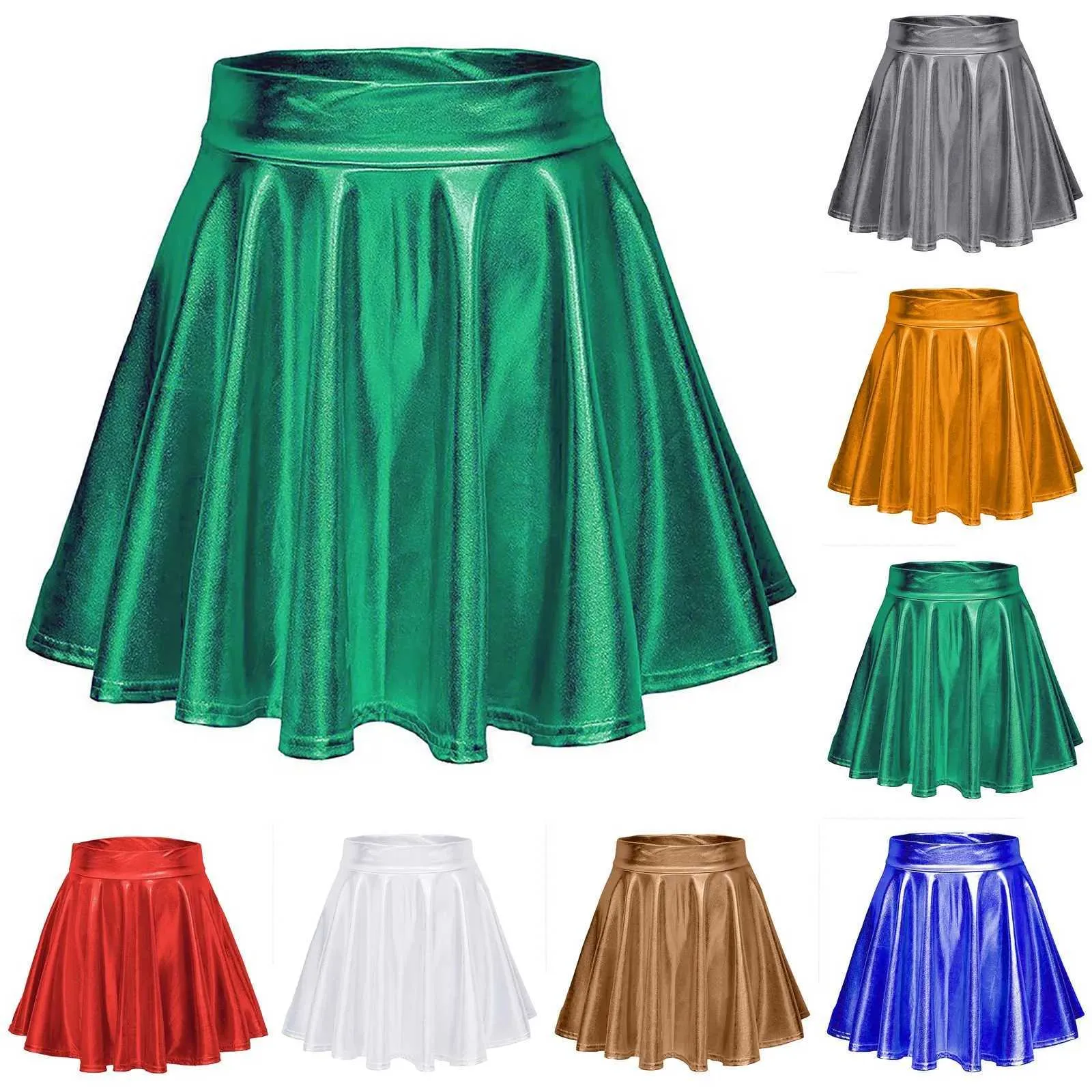 Kjolar kvinnor mode mmuticolor metallisk skater kjol 2024 Nya glittrande glänsande blossade veckade en linje mini skort hög midjeparti kjol y240420