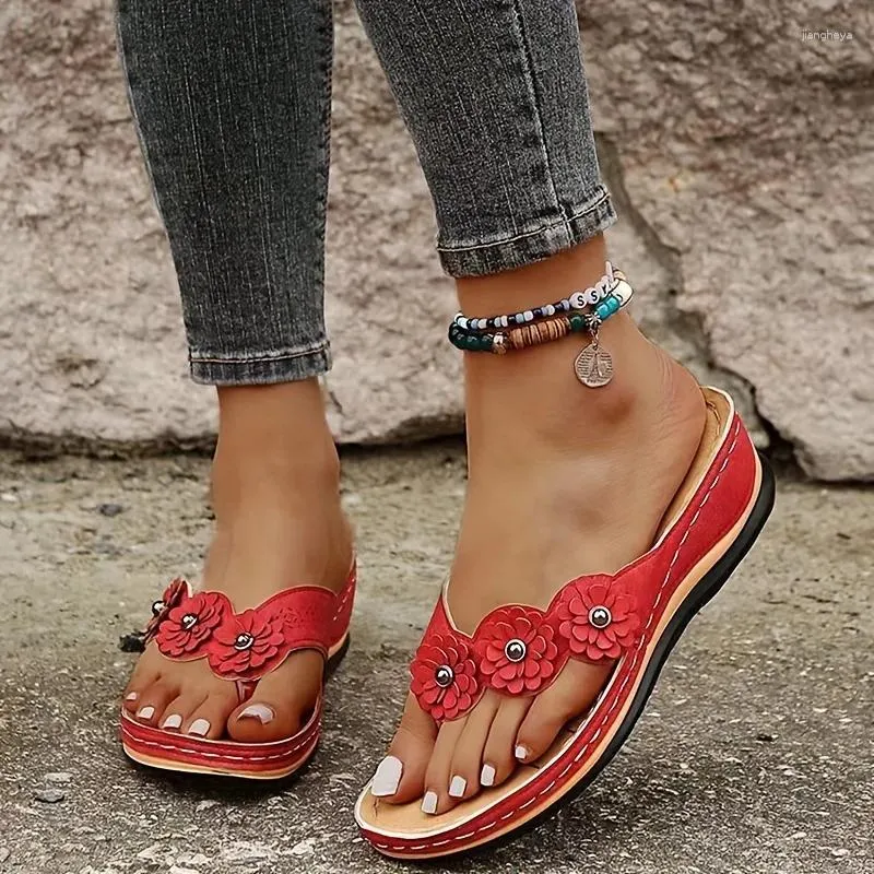 Casual Shoes Women's Flower Decor Flip Flops Clip Toe Summer Comfortable Slip On Sandals