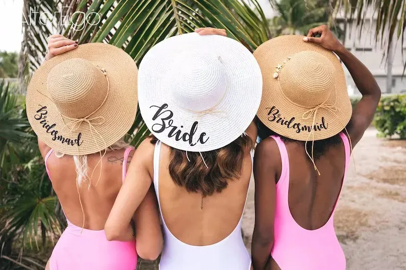 Custom Sun Hats with Shells Bridal Beach HatShells Striped Floppy Bow Personalized Names Straw Honeymoon Bachelorette 240415