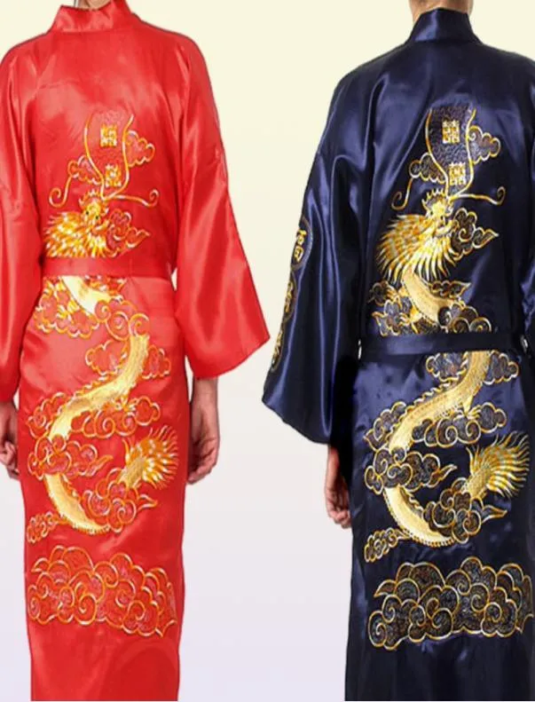 Traditional Embroidery Dragon Kimono Yukata Bath Gown Navy Blue Chinese Men Silk Satin Robe Casual Male Home Wear Nightgown9869705