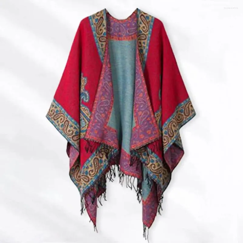 Scarves Autumn Winter Scarf Vintage Print Tassel Irregular Hem Women's Cape Poncho Geometric Contrast Color Imitation Cashmere Fall