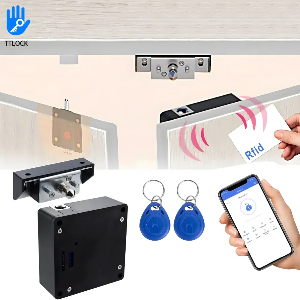 Control Electronic Cabinet Lock Smart NFC RFID Locks Hidden DIY Cabinet Lock with Slide Latch Lock for Double Door Cabinet Drawer Wood