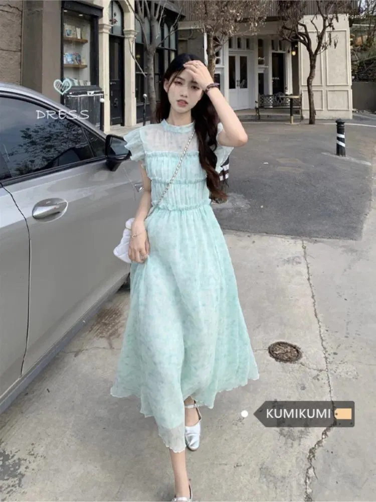 Vestidos casuales 2024 Mujeres Chiffion Floral Midi Party Playa French French Vintage Summer Sume Manga de cintura alta coreana