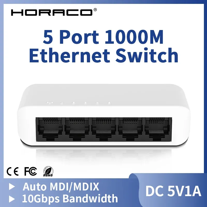 Controllo Horaco 5 Porta Gigabit Ethernet Switch Smart 1000Baset Network Switch Fast 1000M Hub Internet Splitter per la sorveglianza della fotocamera