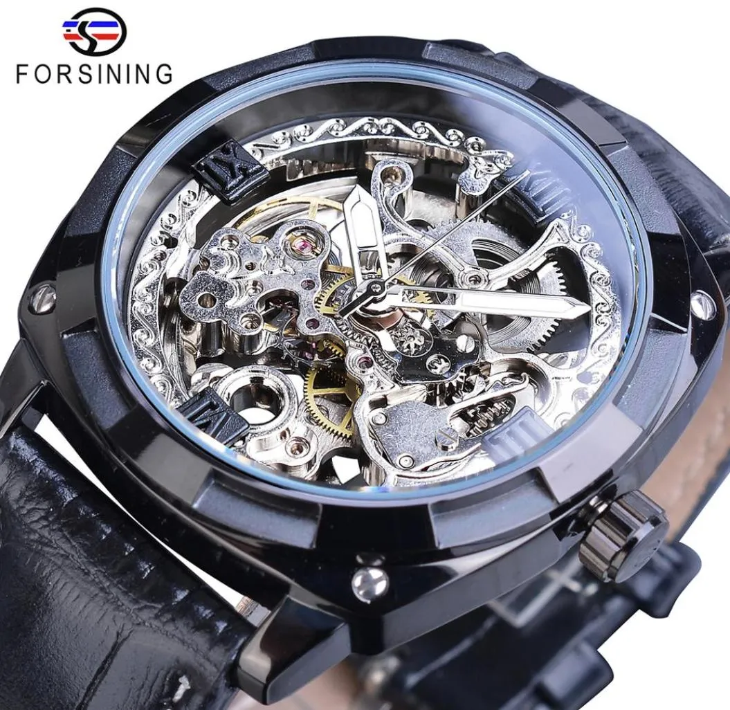 Forsiner New Fashion Men Watch Mécanique Black Automatic Skeleton Analog Wristwatch Band Couber Businets Montre Homme1431515