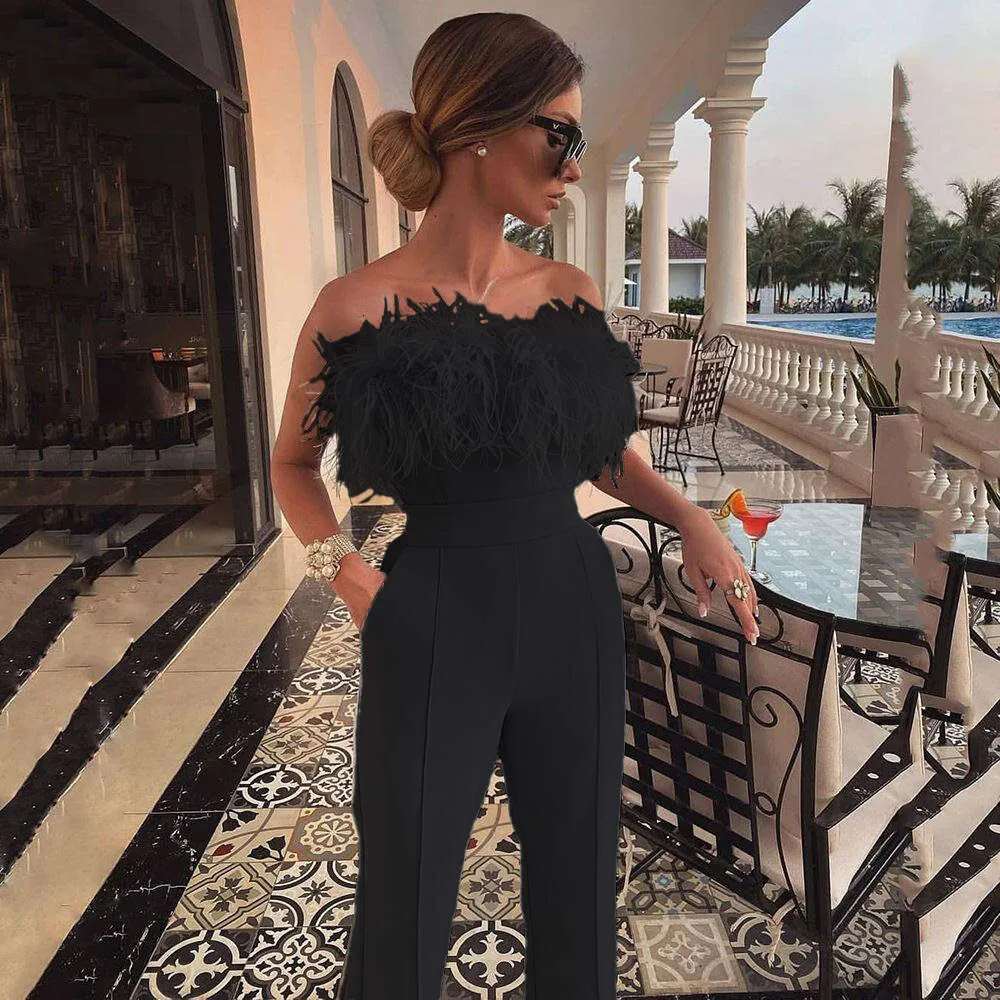 New 2024 Spring/Summer Women's Feather Bra Solid Color Pants One Shoulder Off Back Sexy Jumpsuit