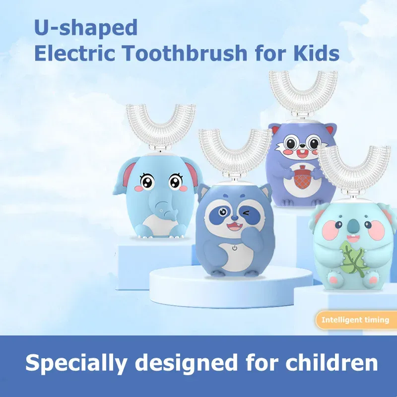 Heads Electric Toothbrush for Kids Ushaped Smart 360 Degrees Silicon Automatic Ultrasonic Teeth Tooth Brush Cute Cartoon for Children