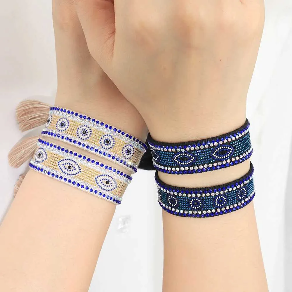 Chain Crystal-tone Embroidery Woven Bracelets Evil Eyes Adjustable Rope Stackable Bangle Y240420