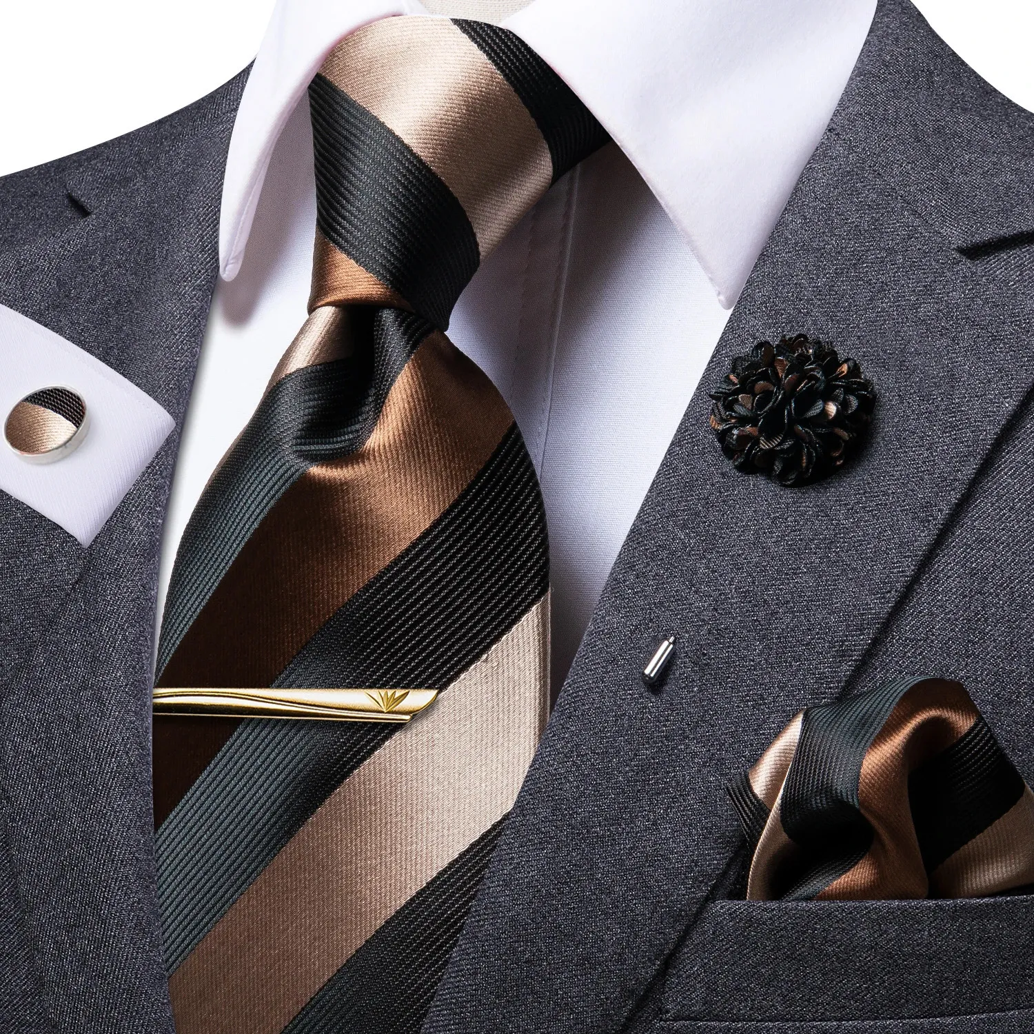 Hi-Tie Business Brown Striped Tie för män Black Silk Mens Tie Clip Gift For Men Luxury Slipsan Hanky ​​Cufflinks Ställ formell klänning 240412