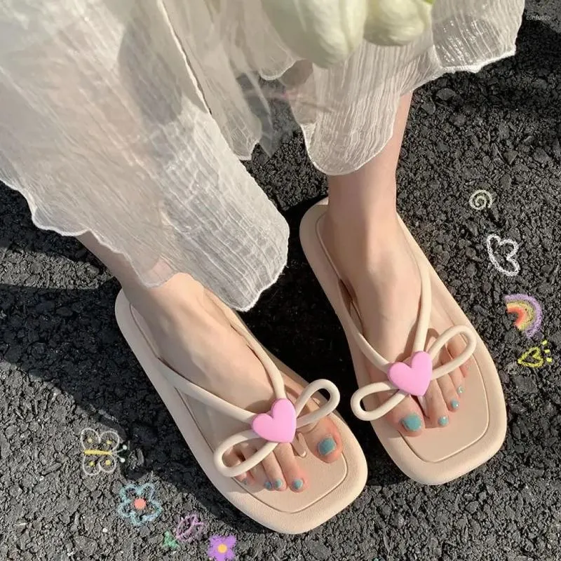 Tofflor platt aprikos med bågsglas söta skor för kvinnor flip flops hem kawaii sandaler på stranden utanför rosa kvinna pvc eva b