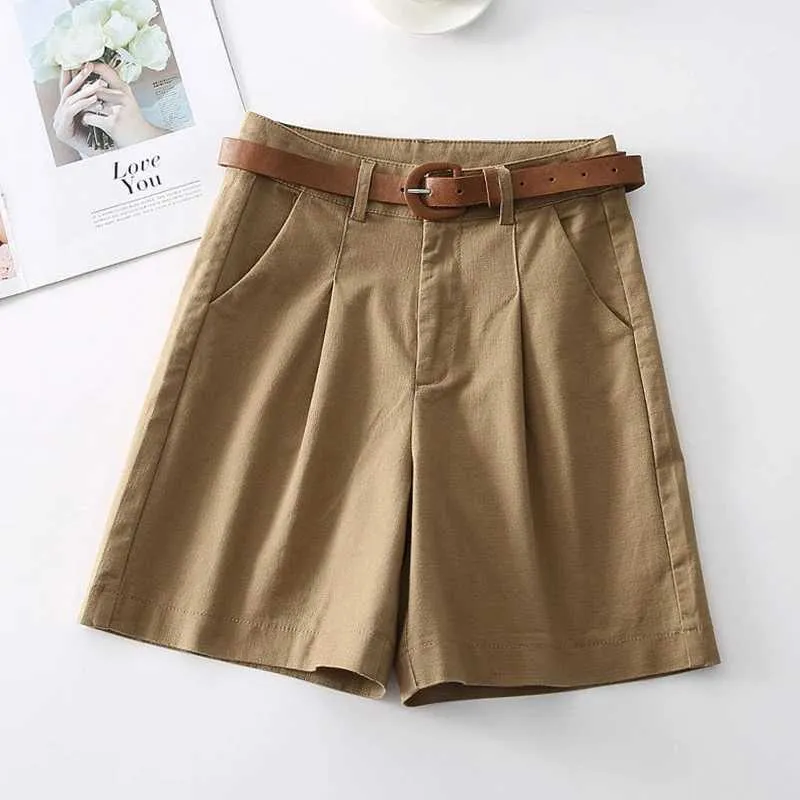 Kvinnors shorts Mexzt S-3XL Pure Cotton Belt Shorts Women Korean Wide Leg Suit Shorts Office Lady Elegant Black White All Match Short Pants New Y240420