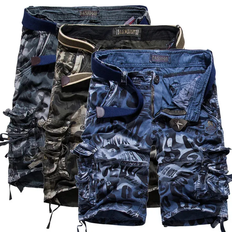 Summer wear military Tactical army shorts Retro washing camouflage Wrinkle loose multi pocket mens cotton loose shorts 240412